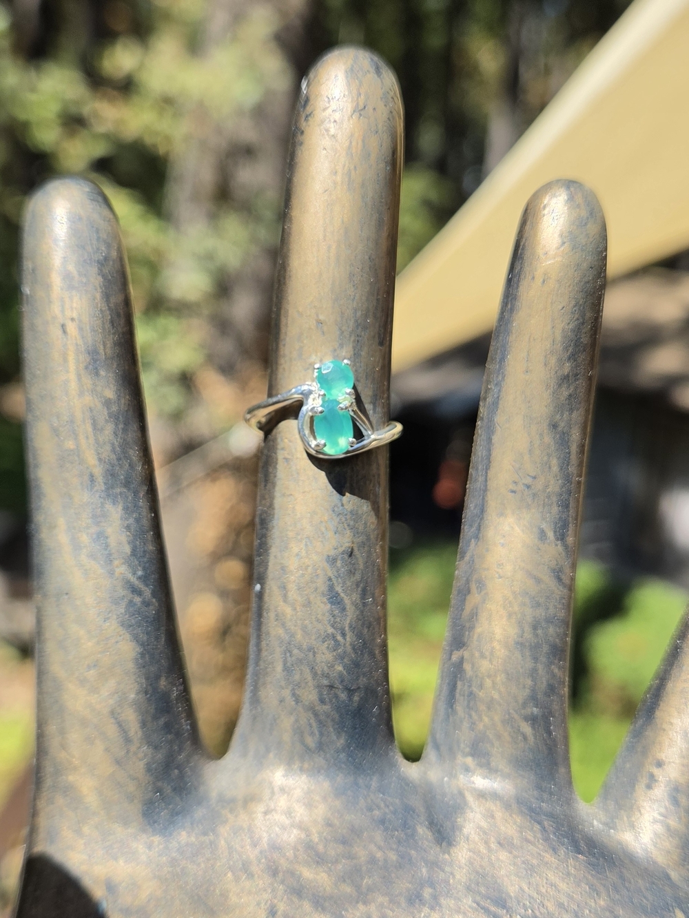 Green Onyx Sterling Silver & White Gold Ring Sz5.5